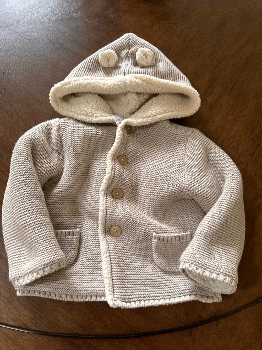 Kids Neutral Cream Hooded Knit Coat with Sherpa Lining